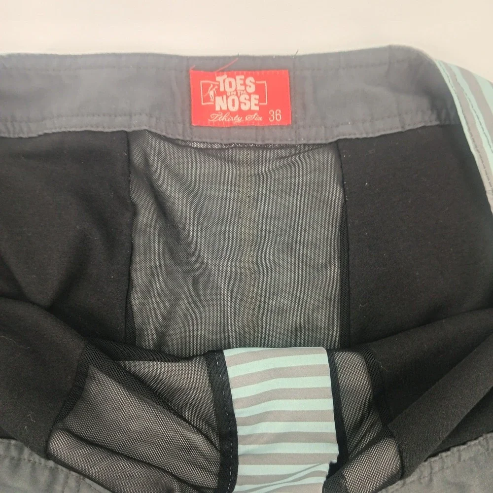 Toes on the Nose Mens Striped Board Shorts Grey Blue Size 36 Swim Trunks Pocket‎